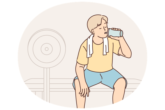 Man in fitness club and drinks protein shake from shaker to restore carbohydrate balance  Illustration
