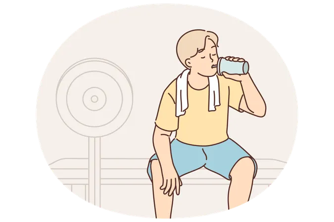 Man in fitness club and drinks protein shake from shaker to restore carbohydrate balance  Illustration