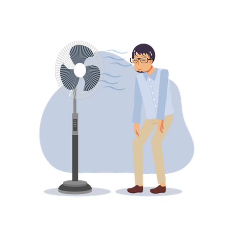 Man in front of an electric fan on hot summer days  Illustration