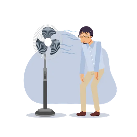 Man in front of an electric fan on hot summer days  Illustration