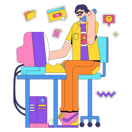 Man In Front Of Computer While On Phone In Retro Style Back To 90 S Illustration