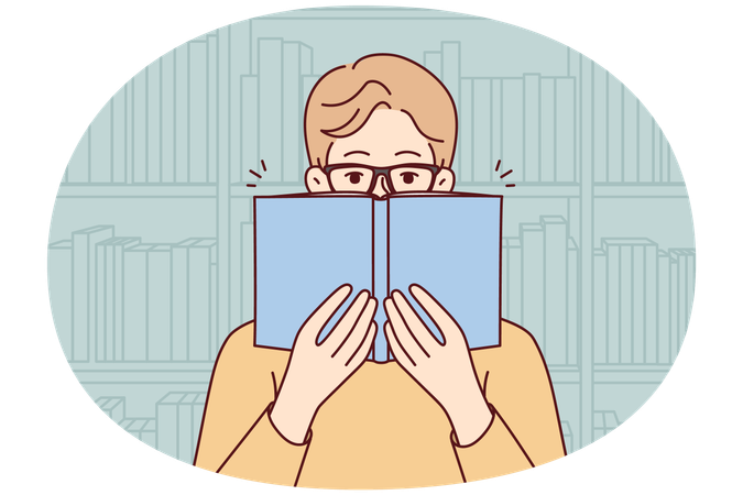 Man in glasses reading book in library  Illustration