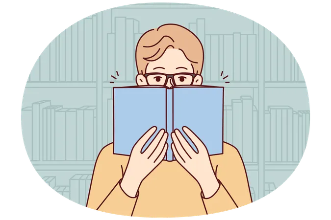 Man in glasses reading book in library  Illustration