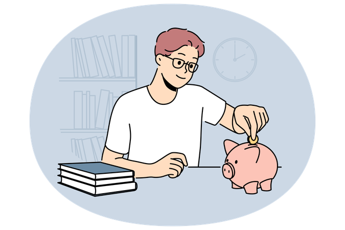 Man in glasses save money in piggybank  Illustration