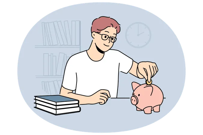Man in glasses save money in piggybank  Illustration