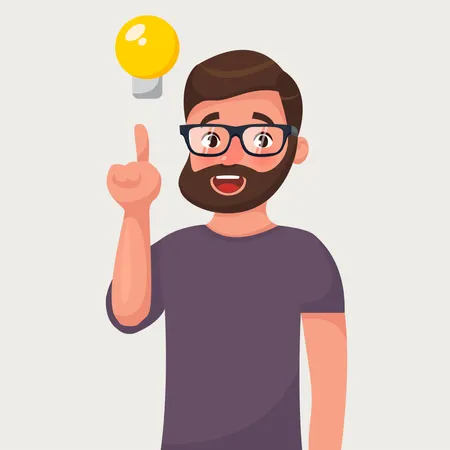 Man in in glasses with beard and a raised finger and bulb  Illustration