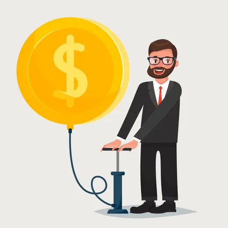 Man in glasses with beard blowing a balloon in the shape of a gold coin  Illustration