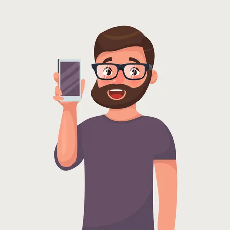 Man In Glasses With Beard Is Showing The Phone People And Gadgets Vector Illustration In Cartoon Style Illustration