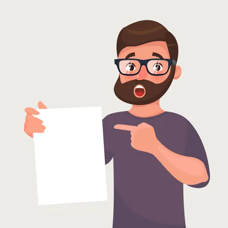 Man in glasses with beard shows a sheet of paper with the contract or other document  Illustration