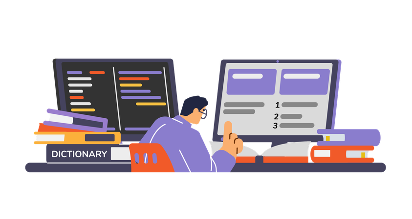 Man in glasses working with two big monitors and many books  Illustration