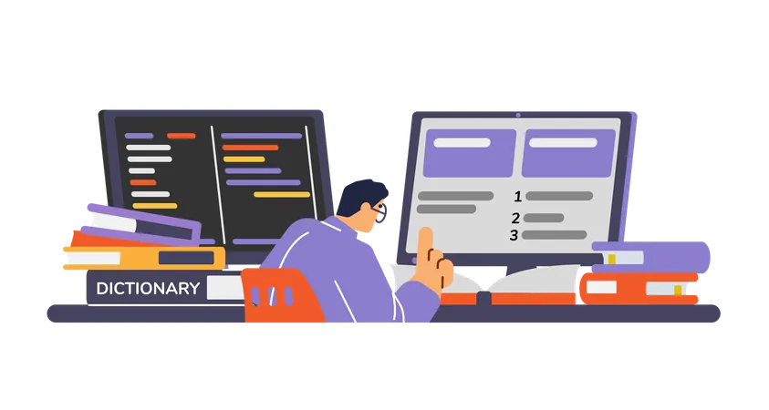 Man in glasses working with two big monitors and many books  Illustration
