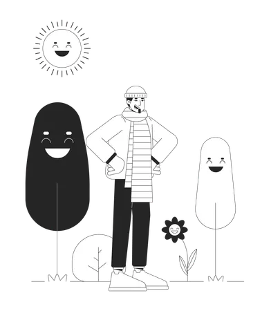 Good Mood On Winter Sunny Day Black And White 2 D Illustration Concept Feeling Better Caucasian Man Cartoon Outline Character Isolated On White Light Therapy Benefit Metaphor Monochrome Vector Art Illustration