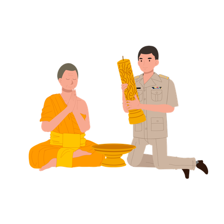 Man in government uniform offering large lent candle to buddhist monk  Illustration