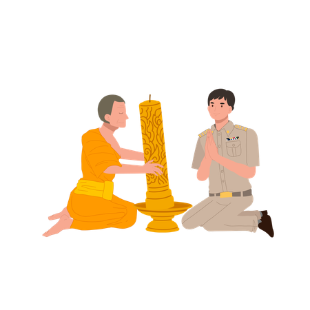 Man in government uniform offering large lent candle to buddhist monk  Illustration