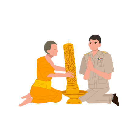 Man in government uniform offering large lent candle to buddhist monk  Illustration