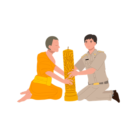 Man in government uniform offering large lent candle to buddhist monk  Illustration