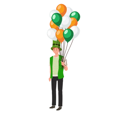 St Patricks Day Celebration Festive Man In Green Dress Up With Cheerful Balloons Illustration
