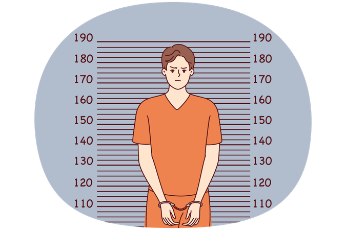 Man in handcuffs and orange prison clothes stands near lines for measuring height  Illustration