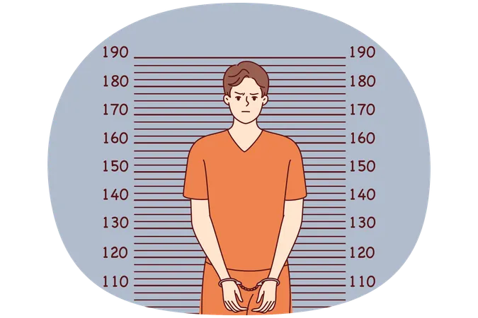Man in handcuffs and orange prison clothes stands near lines for measuring height  Illustration