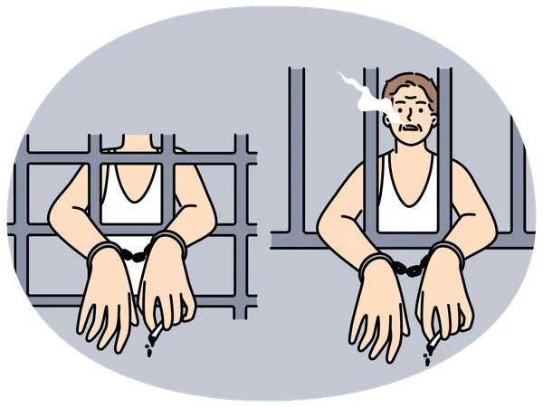 刑務所で手錠をかけられ喫煙している男性  イラスト