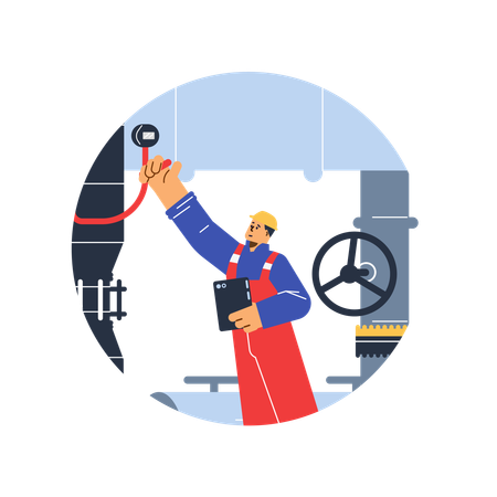 Man in hard hat with tablet holding lever of pressure gauge  Illustration