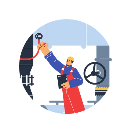 Man in hard hat with tablet holding lever of pressure gauge  Illustration
