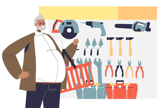Man in hardware store choosing equipment for construction work or renovation at home Illustration