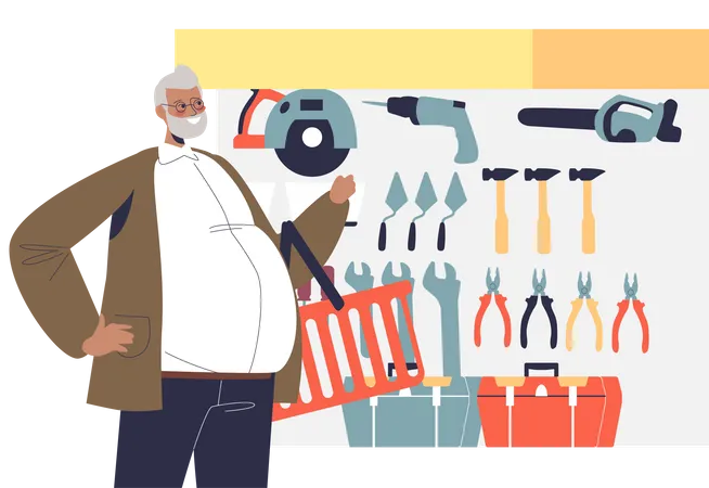 Man In Hardware Store Choosing Equipment For Construction Work Or Renovation At Home Male Customer Buying Toolkit In Tool Shop Cartoon Flat Vector Illustration Illustration