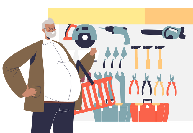 Man in hardware store choosing equipment for construction work or renovation at home  Illustration