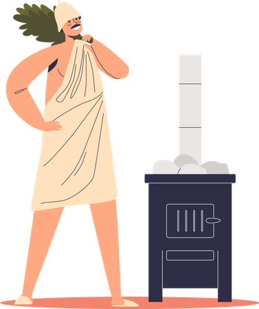 Man in hat and towel hold birch broom preparing for recreation in sauna or banya  Illustration
