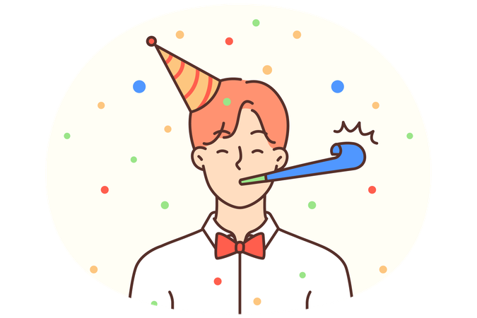 모자를 쓴 남자가 혀 휘파람을 사용하여 친구의 기념일이나 생일을 축하합니다.  일러스트레이션