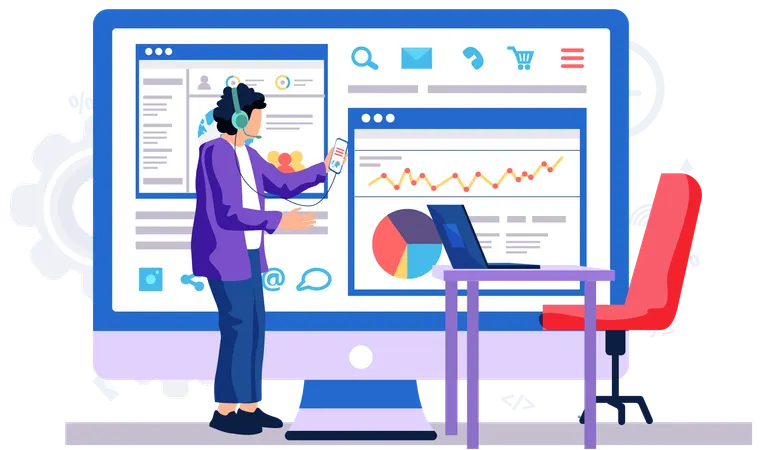 Man in headphones standing near large screen with phone while watching business analysis  Illustration