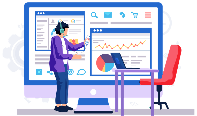 Man in headphones standing near large screen with phone while watching business analysis  Illustration