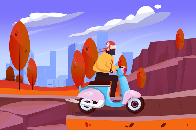 Man In Helmet Rides Moped On Road  Illustration