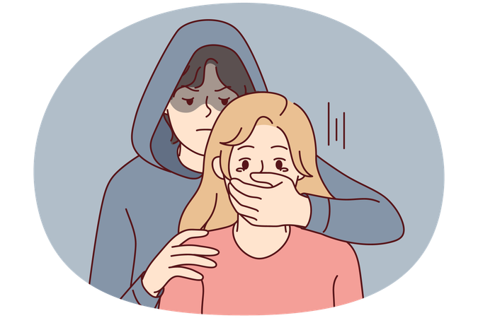 Man in hood close terrified woman mouth  Illustration