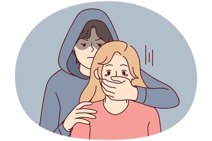 Man in hood close terrified woman mouth  Illustration