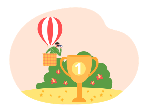 Man in hot air balloon looking at  cup  Illustration