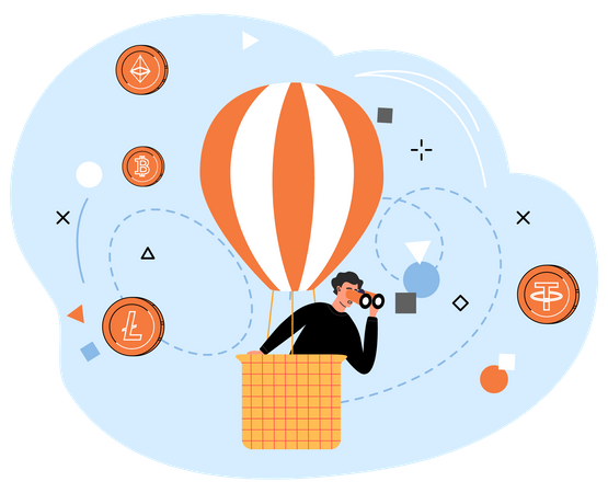 Man in hot air balloon looking for project for investment Illustration