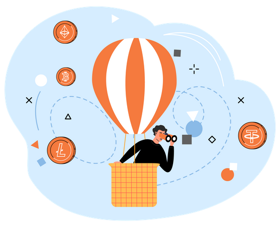 Man in hot air balloon looking for project for investment  Illustration