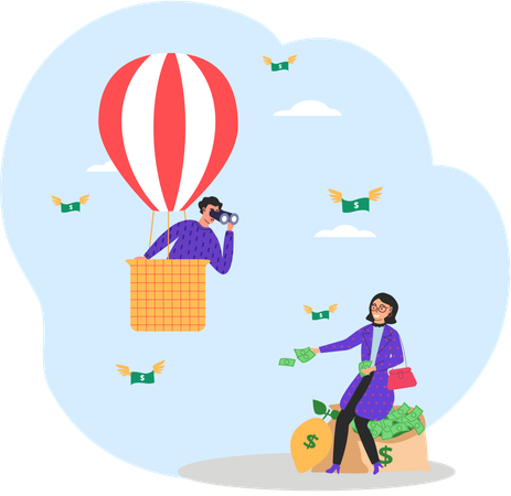 Man in hot air balloon looks at rich woman with envy  Illustration