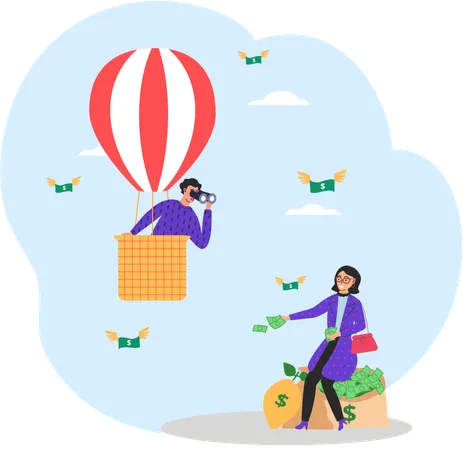 Man in hot air balloon looks at rich woman with envy  Illustration