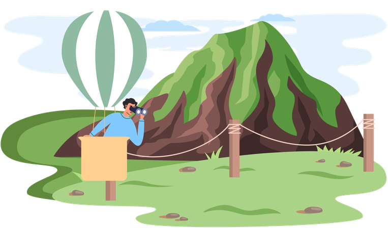 Man in hot air balloon looks through binocular flies high over top of mountain  Illustration