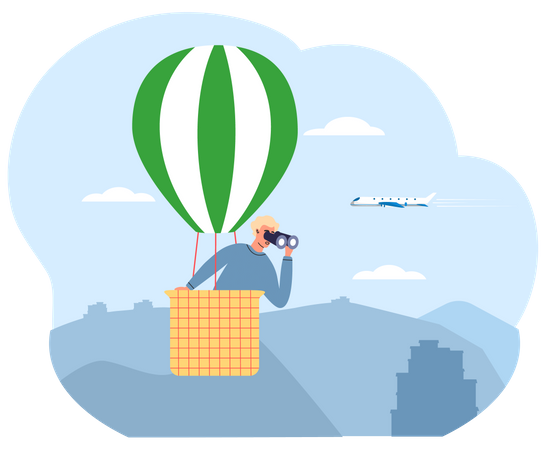 Man in hot air balloon looks through binocular in South Korea  Illustration