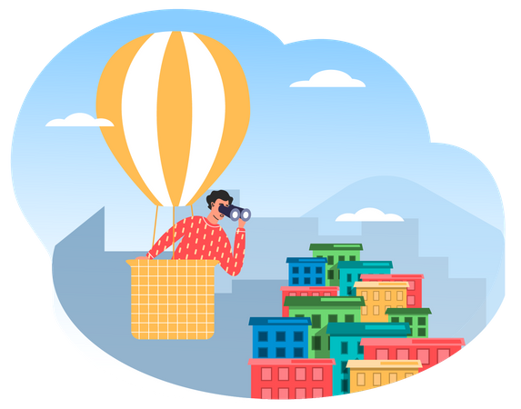 Man in hot air balloon looks through binoculars  Illustration