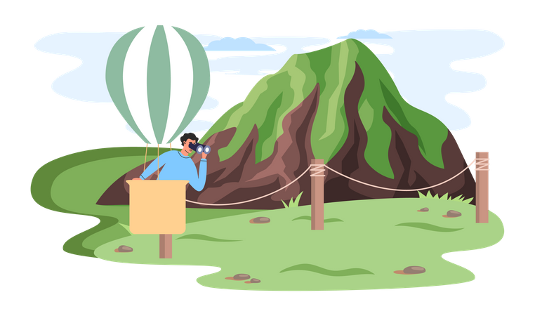 Man in hot air balloon looks through binoculars  Illustration