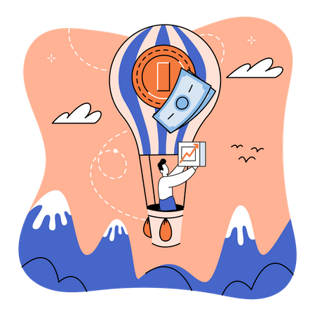 Man in hot air balloon strives for success Illustration