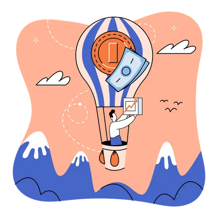 Man in hot air balloon strives for success Illustration