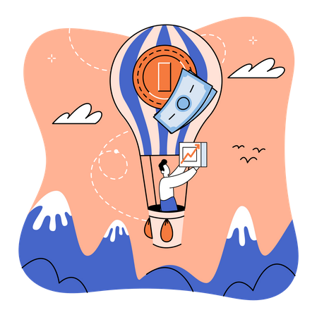 Man in hot air balloon strives for success  Illustration