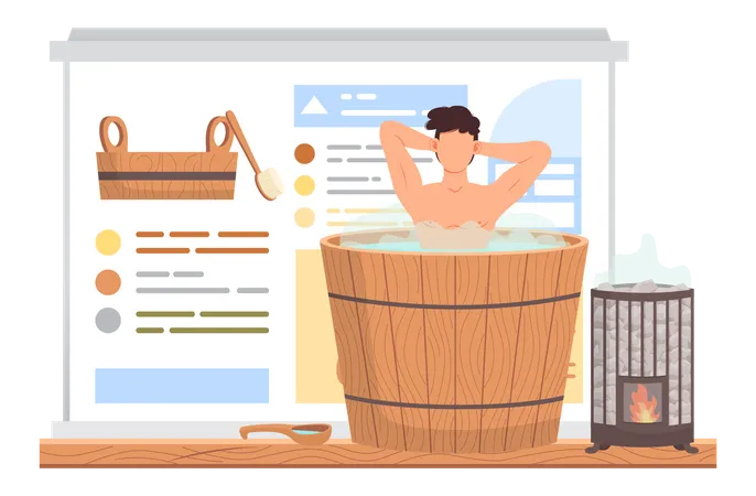 Guy Stands In Barrel And Bathes With His Hands Up Man In Tub Against Background Of Poster With Sauna Accessories Broom For Banya And Text Male Character In Hot Steam Person Relaxing In Bathhouse Illustration