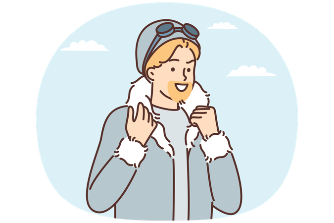 Man in jacket with fur collar looks into distance and smiles while on winter journey  Illustration